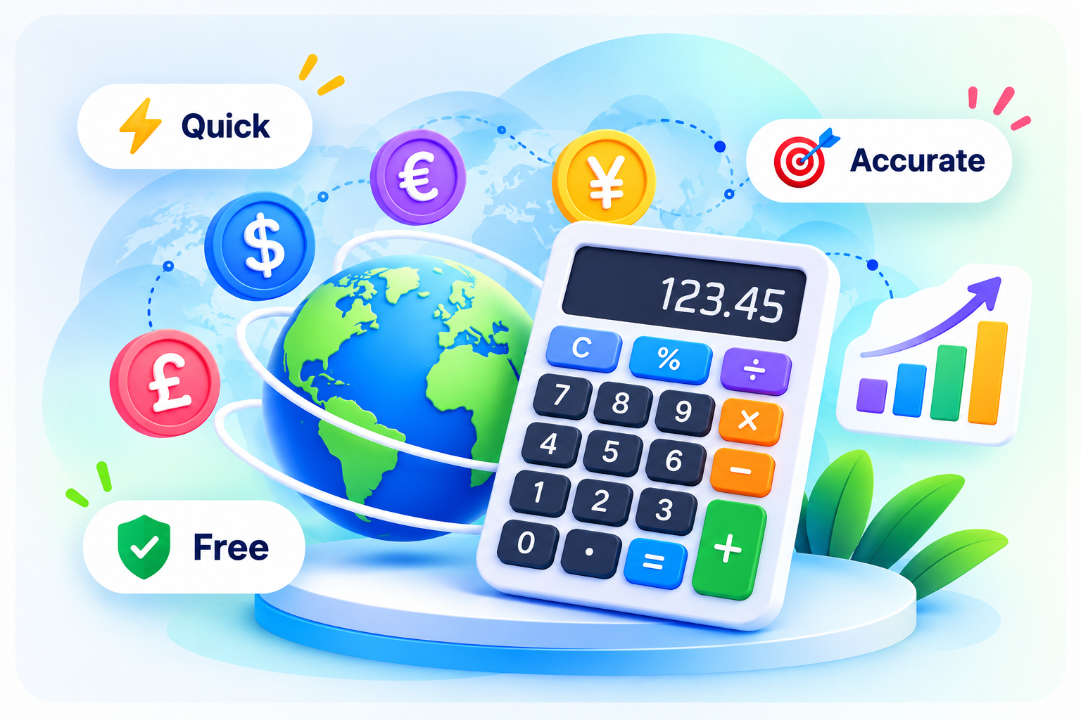 DigitalCalc global calculator illustration with currency symbols and charts